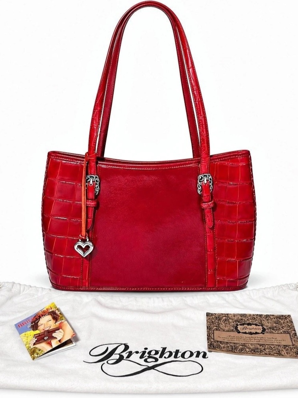 Brighton Red Leather Croc Embossed Tote Heart Charm Y2K Western Shoulder Bag - Picture 2 of 13